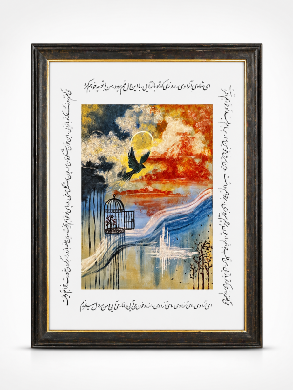 Framed Persian Calligraphy Bird Wall Art