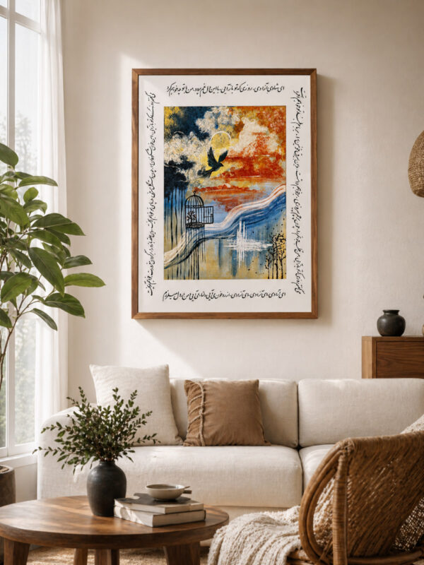 Framed Persian Calligraphy Bird Freedom Wall Art