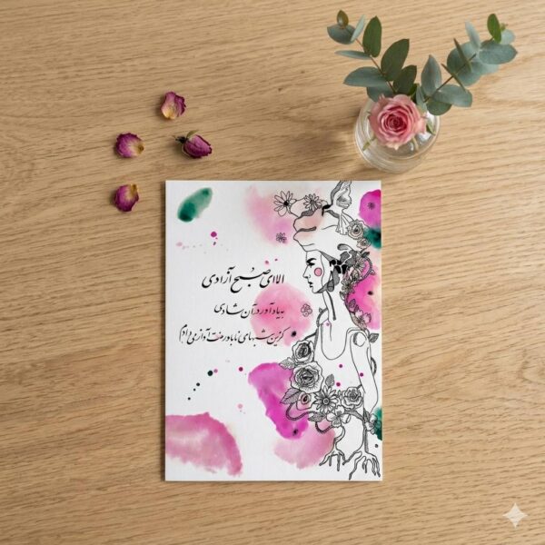 "Morning of Freedom" Persian Poetry & Art Greeting Card (Persian: کارت پستال بانوی آزادی و شعر سایه)