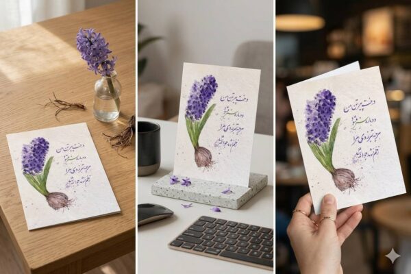 "Hyacinth of Resilience" Persian Calligraphy Greeting Card (Persian: کارت پستال سنبل و شعر هوشنگ ابتهاج)