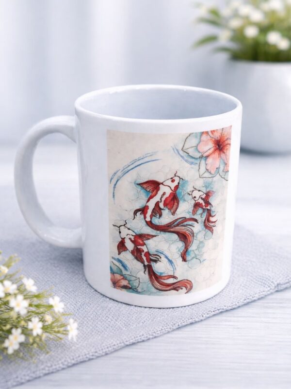 "Red Fish of Fortune" (Mahi Ghermez) Ceramic Mug (Persian: ماگ سرامیکی طرح ماهی قرمز و حوض)