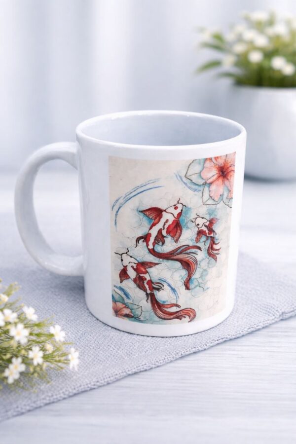 "Red Fish of Fortune" (Mahi Ghermez) Ceramic Mug (Persian: ماگ سرامیکی طرح ماهی قرمز و حوض)