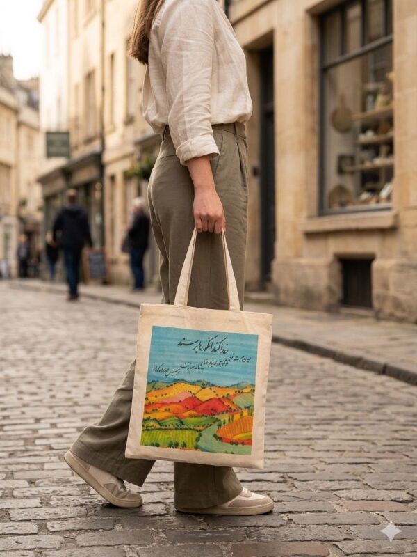 "Vineyard of Dreams" Persian Calligraphy Tote Bag (Persian: ساک پارچه‌ای طرح تاکستان و شعر الیاس علوی)