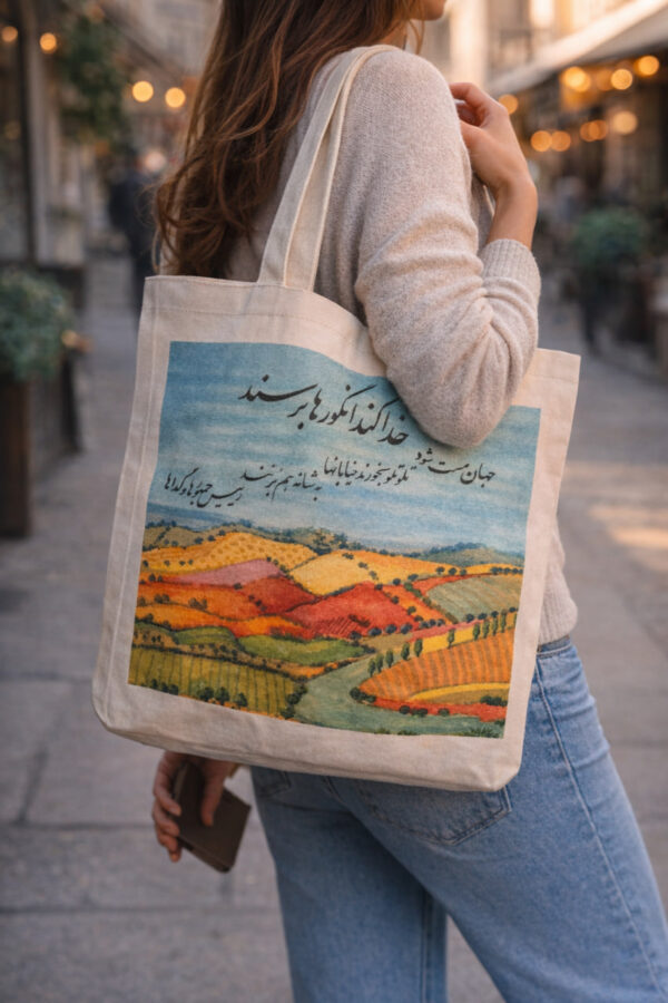 "Vineyard of Dreams" Persian Calligraphy Tote Bag (Persian: ساک پارچه‌ای طرح تاکستان و شعر الیاس علوی)