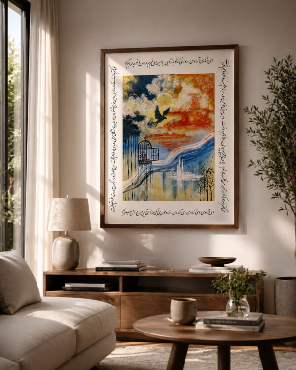 Framed Persian Calligraphy Bird Freedom Wall Art