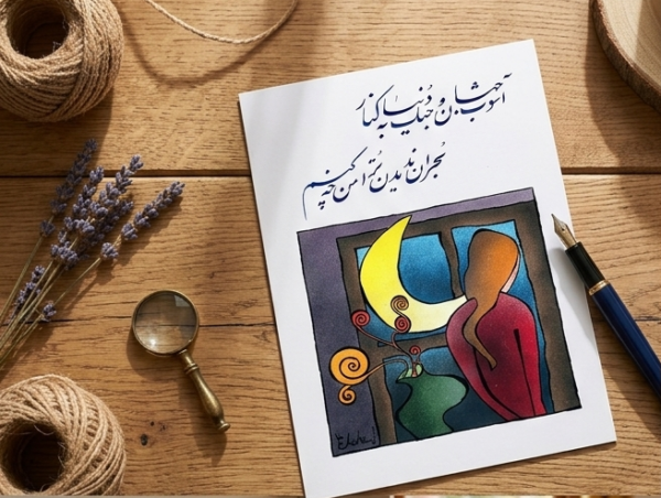 greeting_card_flatlay Ashoob-e Jahan -Persian Calligraphy Greeting Card with Original Artwork (کارت پستال شعر و نقاشی)