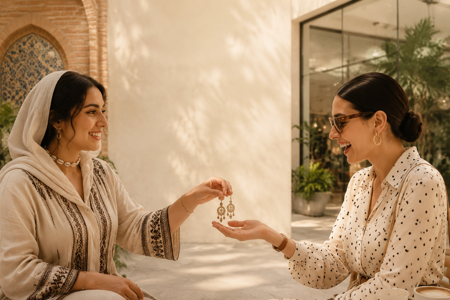 Two people sharing a handmade item