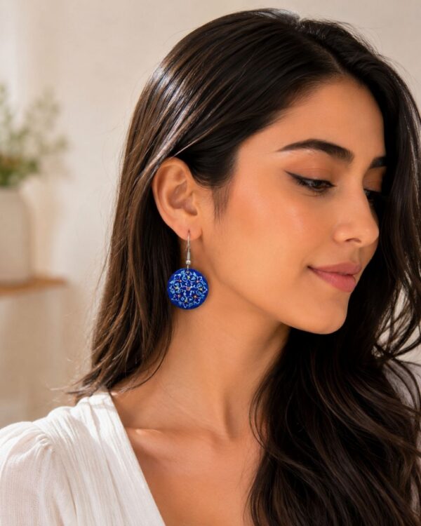 Blue Round Enamel Dangle Earring