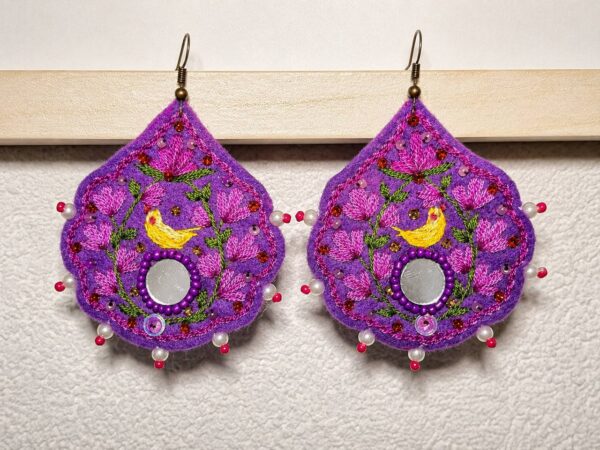 Purple Bird Felt-Embroidered Drop Earrings