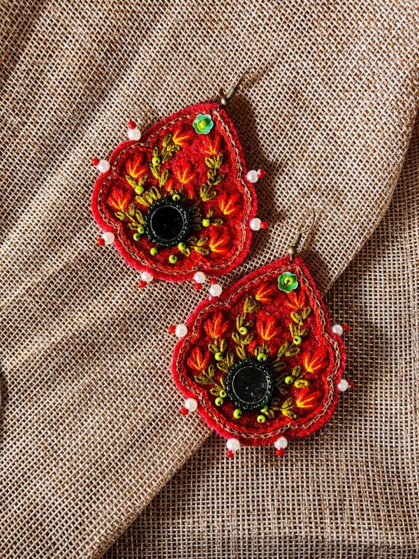 Red Floral Felt-Embroidered Drop Earrings