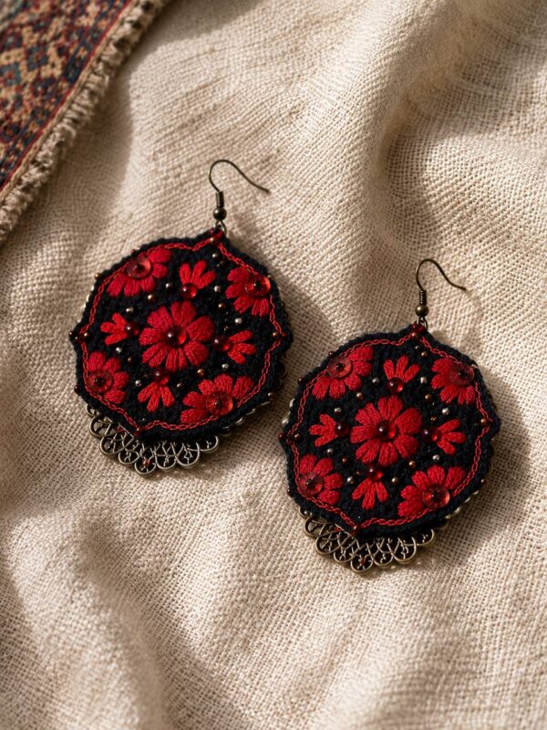 Black Floral Felt-Embroidered Disc Earrings