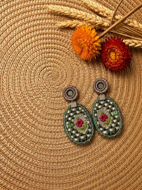 Green & Pink Floral Embroidered Oval Earrings