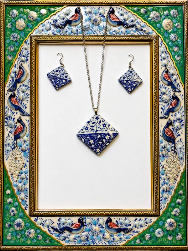 Blue Diamond Minakari necklace and earrings handmade by artists in Isfahan, Iran