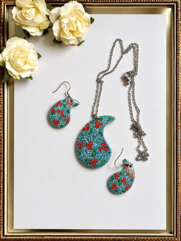 Turquoise Blossom Minakari necklace and earrings handmade by artists in Isfahan, Iran