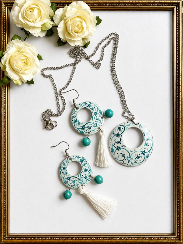 Turquoise Tassel Minakari necklace and earrings handmade by artists in Isfahan, Iran