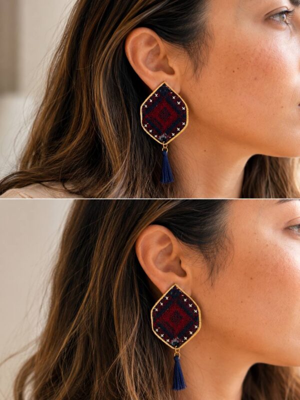 Model wearing red and navy geometric embroidered earrings with tassels