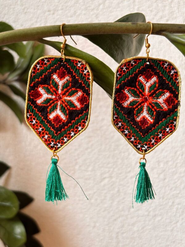 Red white and green floral embroidered shield earrings with green tassels