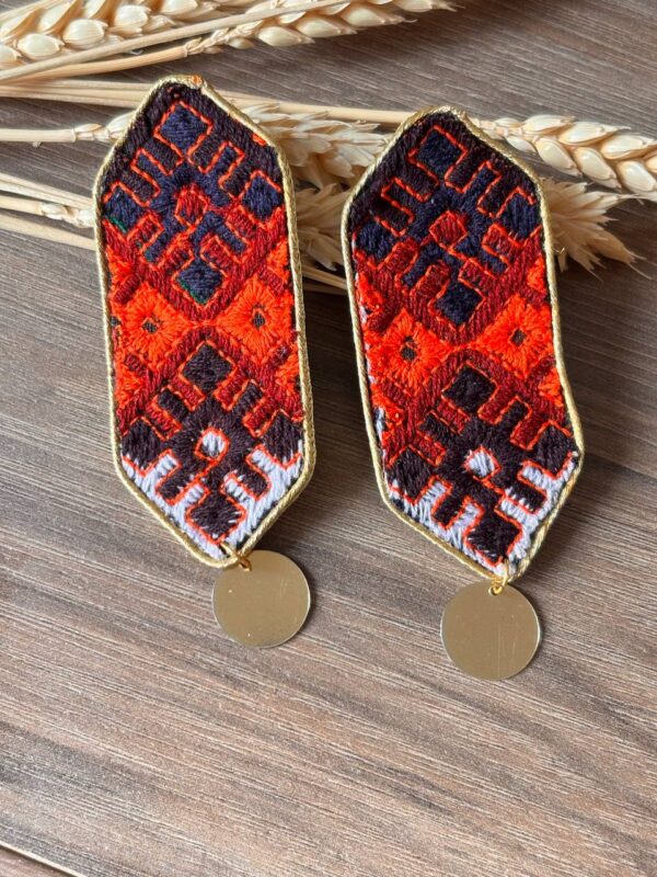 photo_2026-08-30_19-26-17 Long red and navy geometric embroidered earrings with gold-tone disc drops
