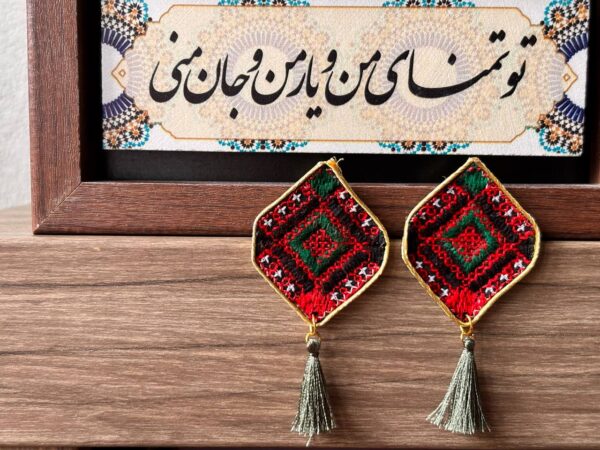 Red & Green Diamond Embroidered Earrings with Grey-Green Tassels