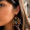 Model wearing yellow floral and blue bird embroidered earrings