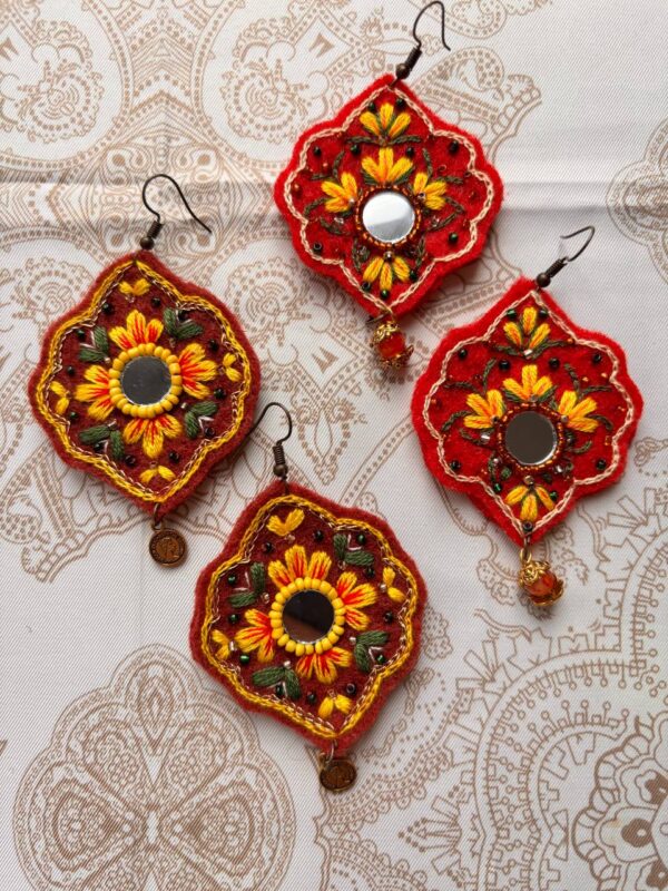 Group photograph of two yellow floral embroidered earring designs
