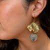 Handmade copper earrings with golden fan-shaped details, coin pendants and blue eye beads