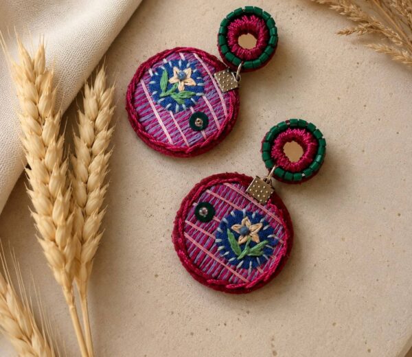 Handmade Embroidered Earrings – Magenta Garden