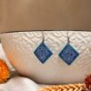 Handmade Persian Tile ceramic earrings with turquoise and deep blue geometric patterns