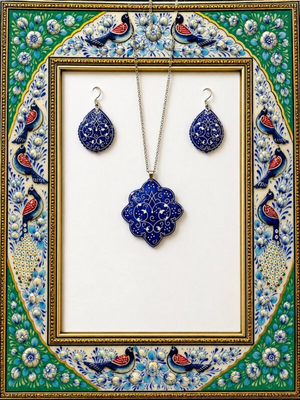 photo_2026-09-04_13-23-24 Blue teardrop Isfahan enamel earrings and floral pendant displayed in a painted frame